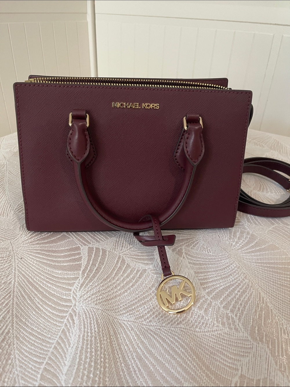 Michael Kors Maroon Saffiano Leather Satchel with Gold Hardware